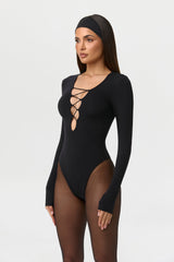 Naked Plunge Lace-Up Bodysuit