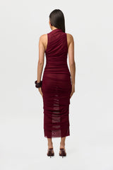 Mesh Asymmetric Pleated Midi Dress