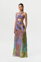 Chiffon Print Cutout Maxi Dress