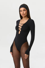 Naked Plunge Lace-Up Bodysuit