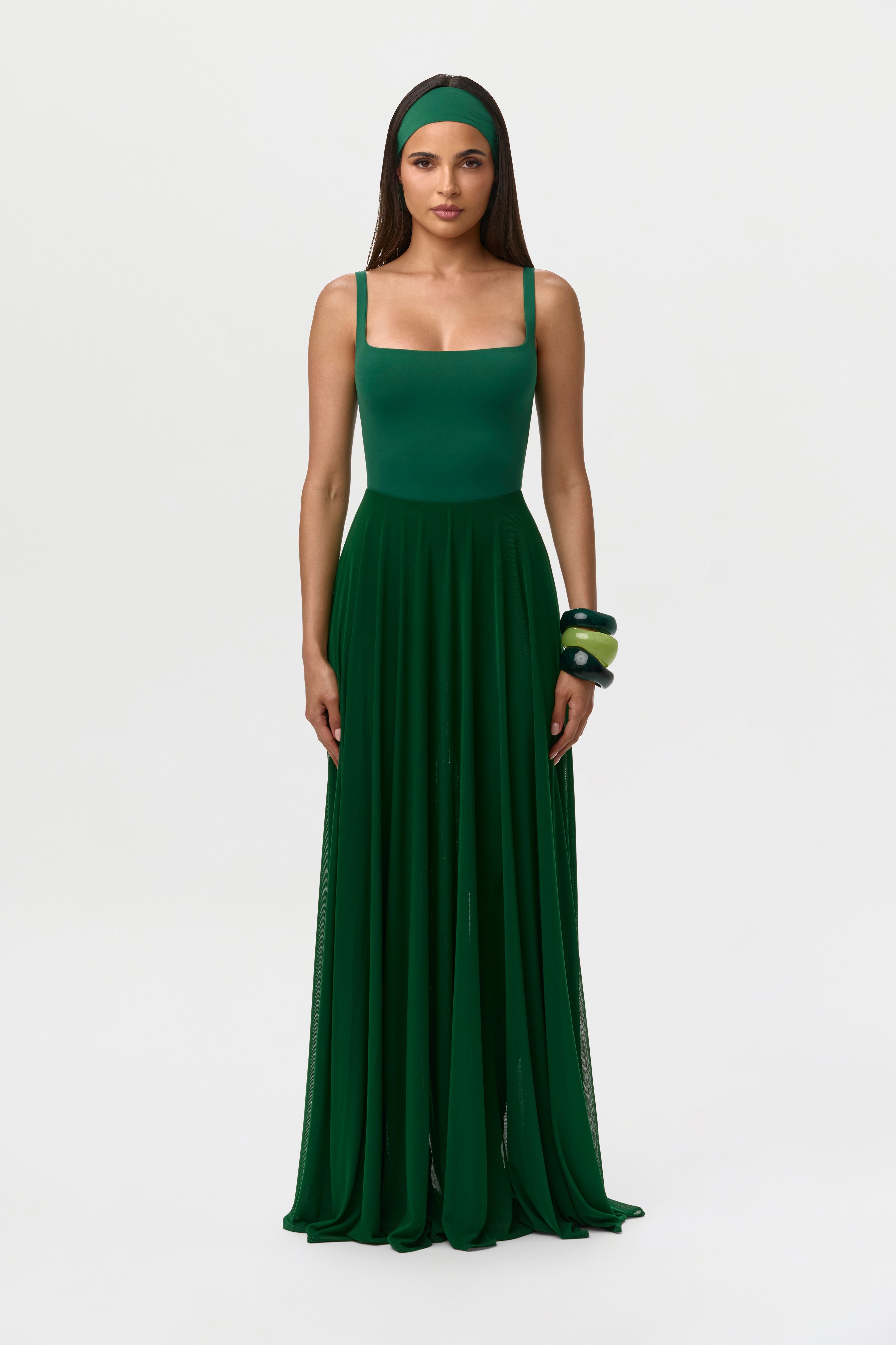 Mesh Legging Pleated Maxi Skirt