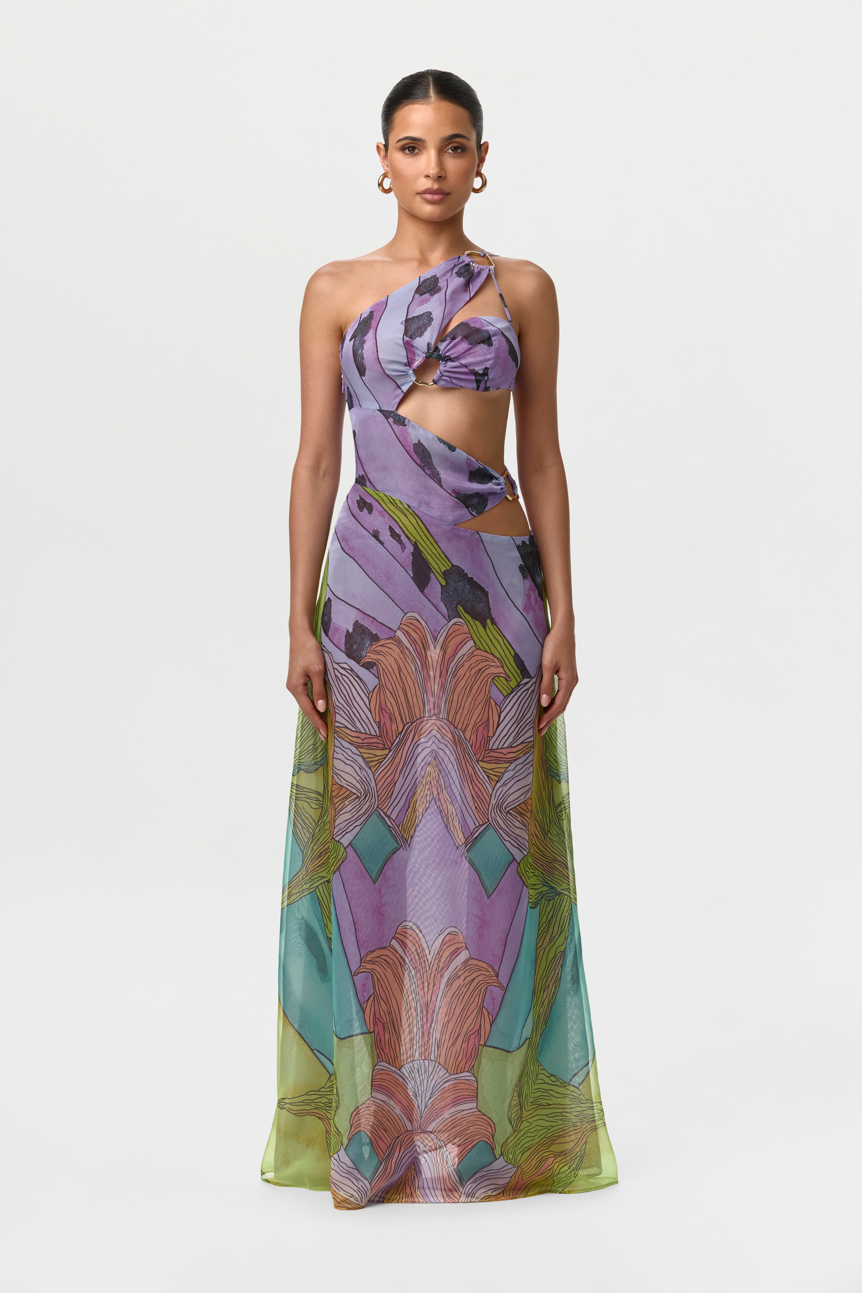 Chiffon Print Cutout Maxi Dress