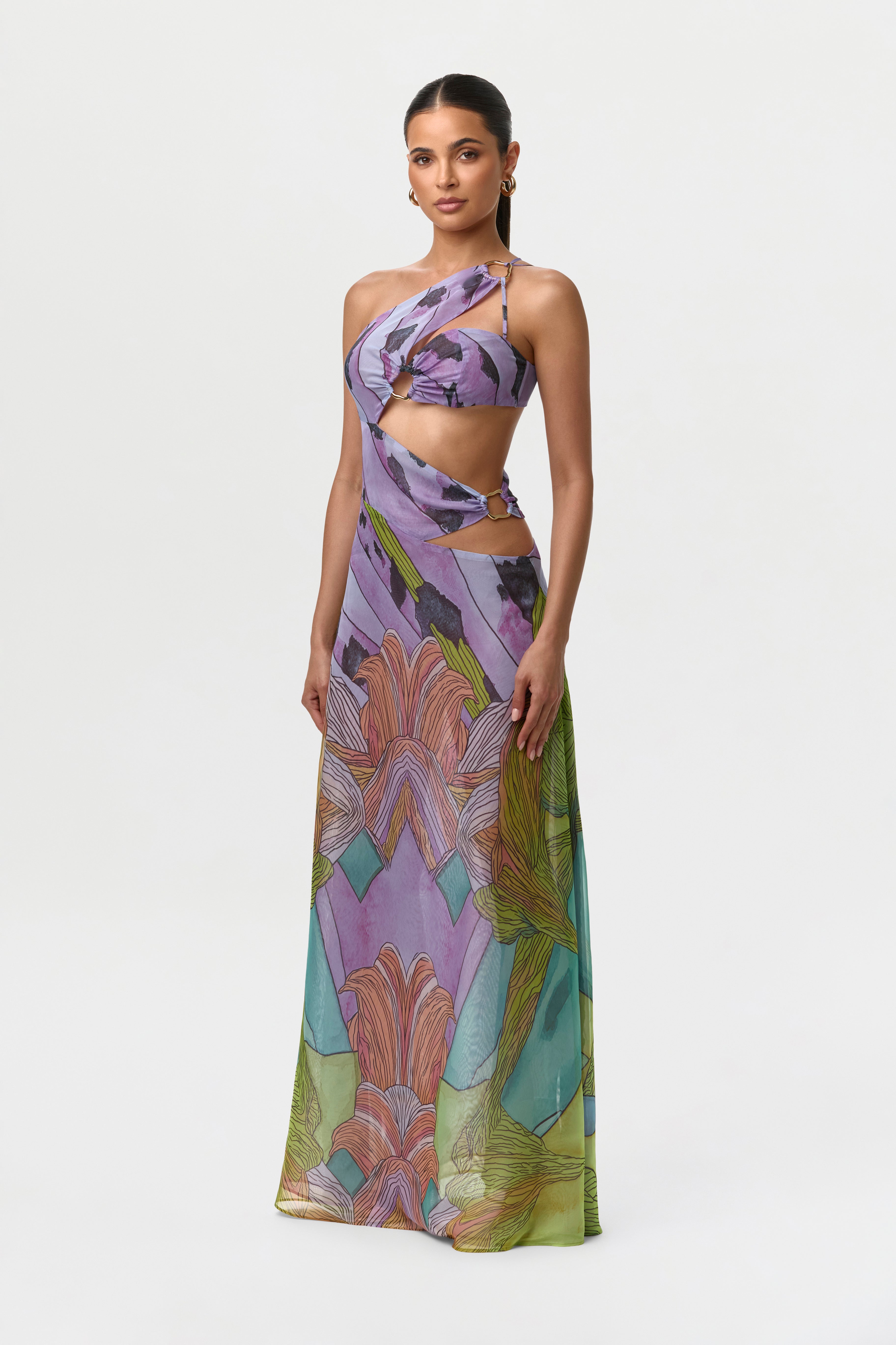 Chiffon Print Cutout Maxi Dress
