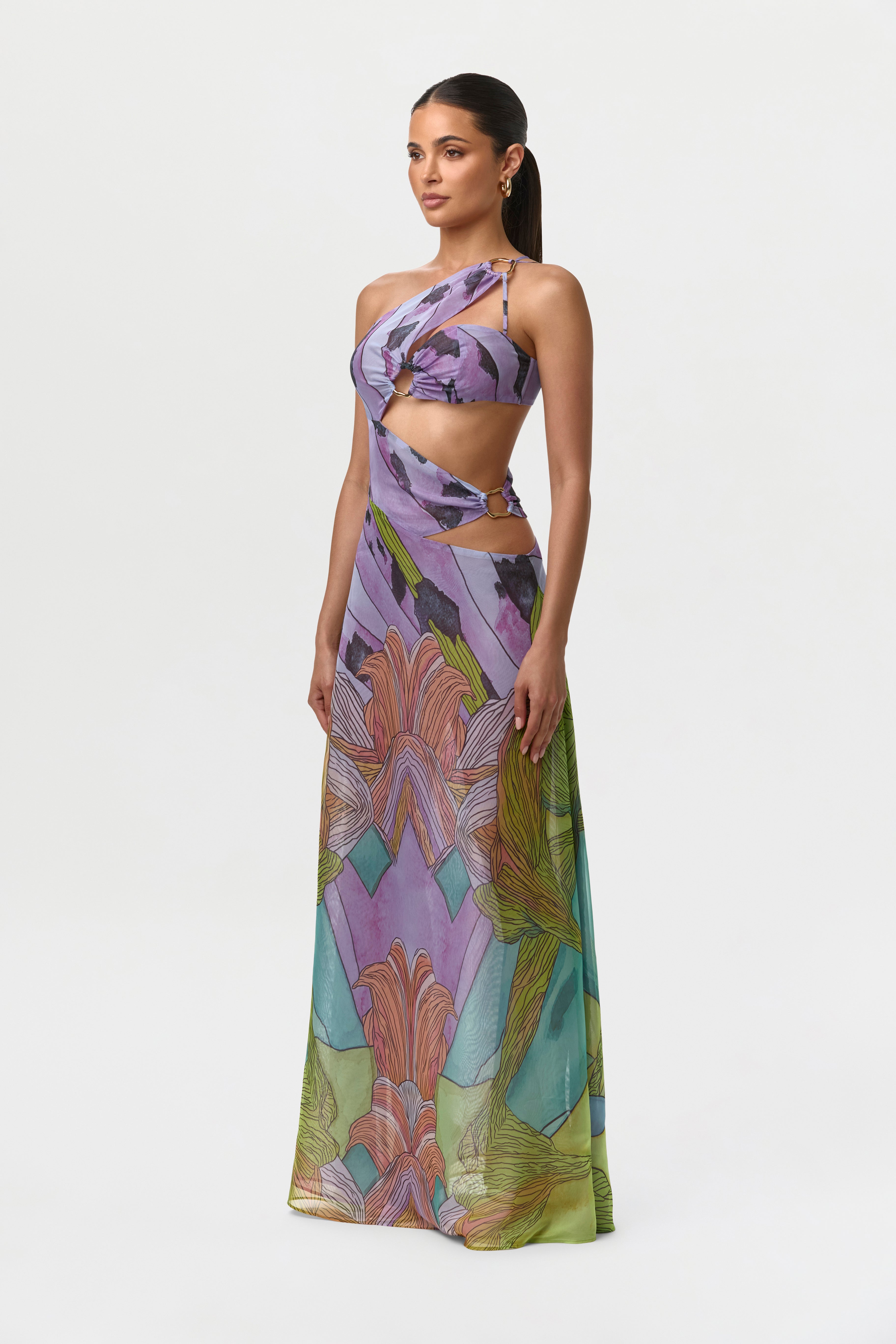 Chiffon Print Cutout Maxi Dress