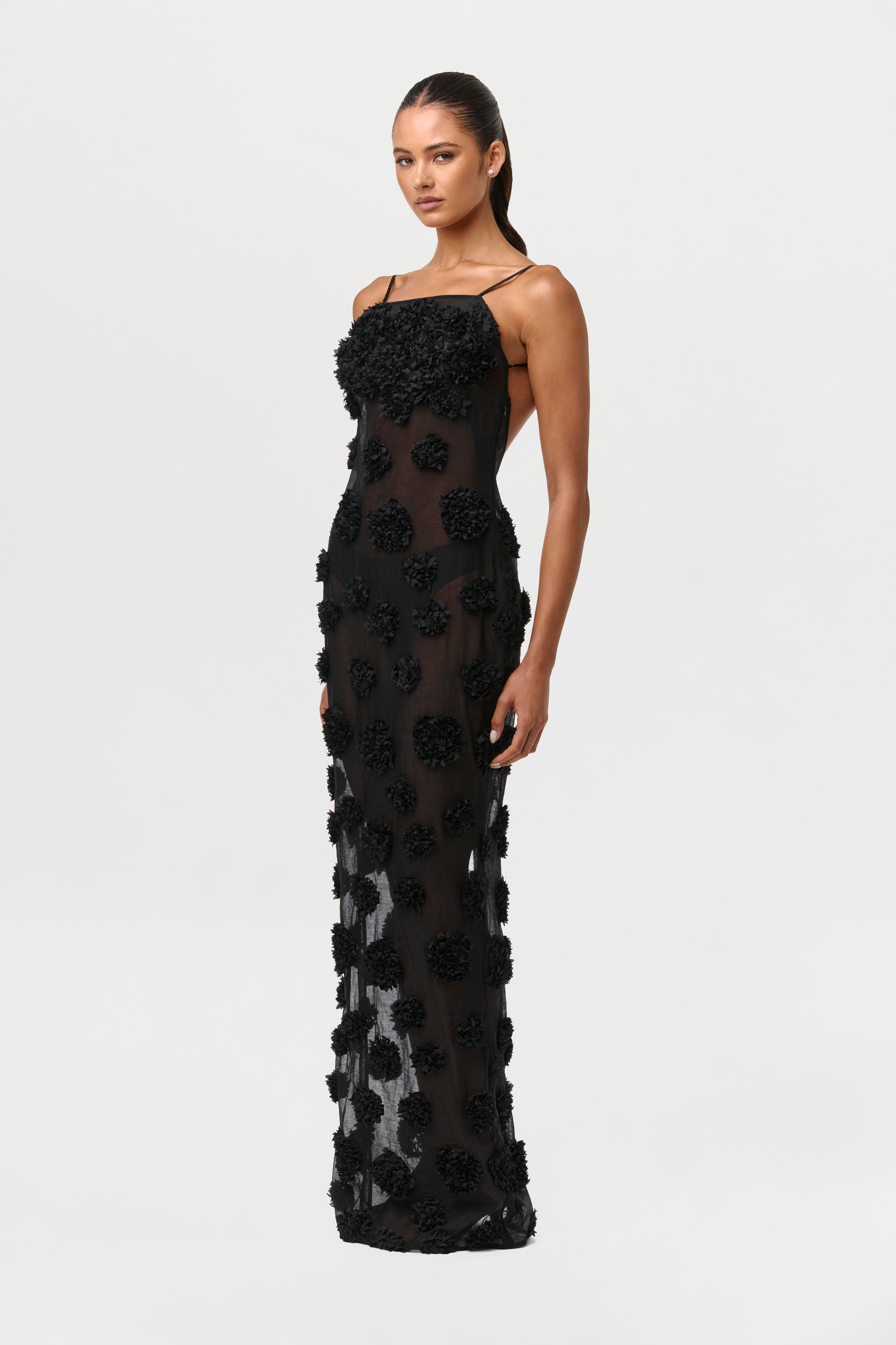 Floral Appliqué Open Back Dress