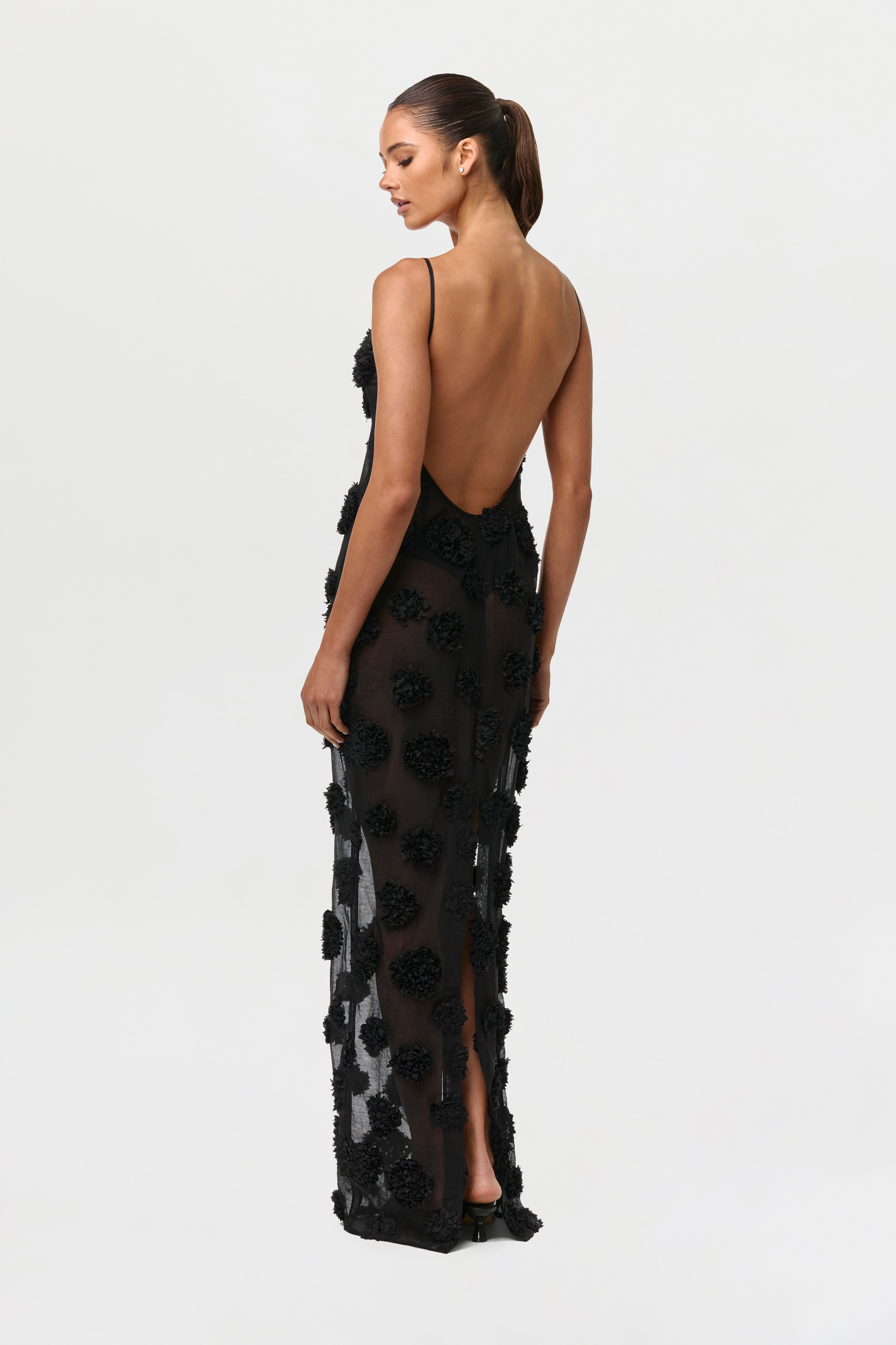 Floral Appliqué Open Back Dress
