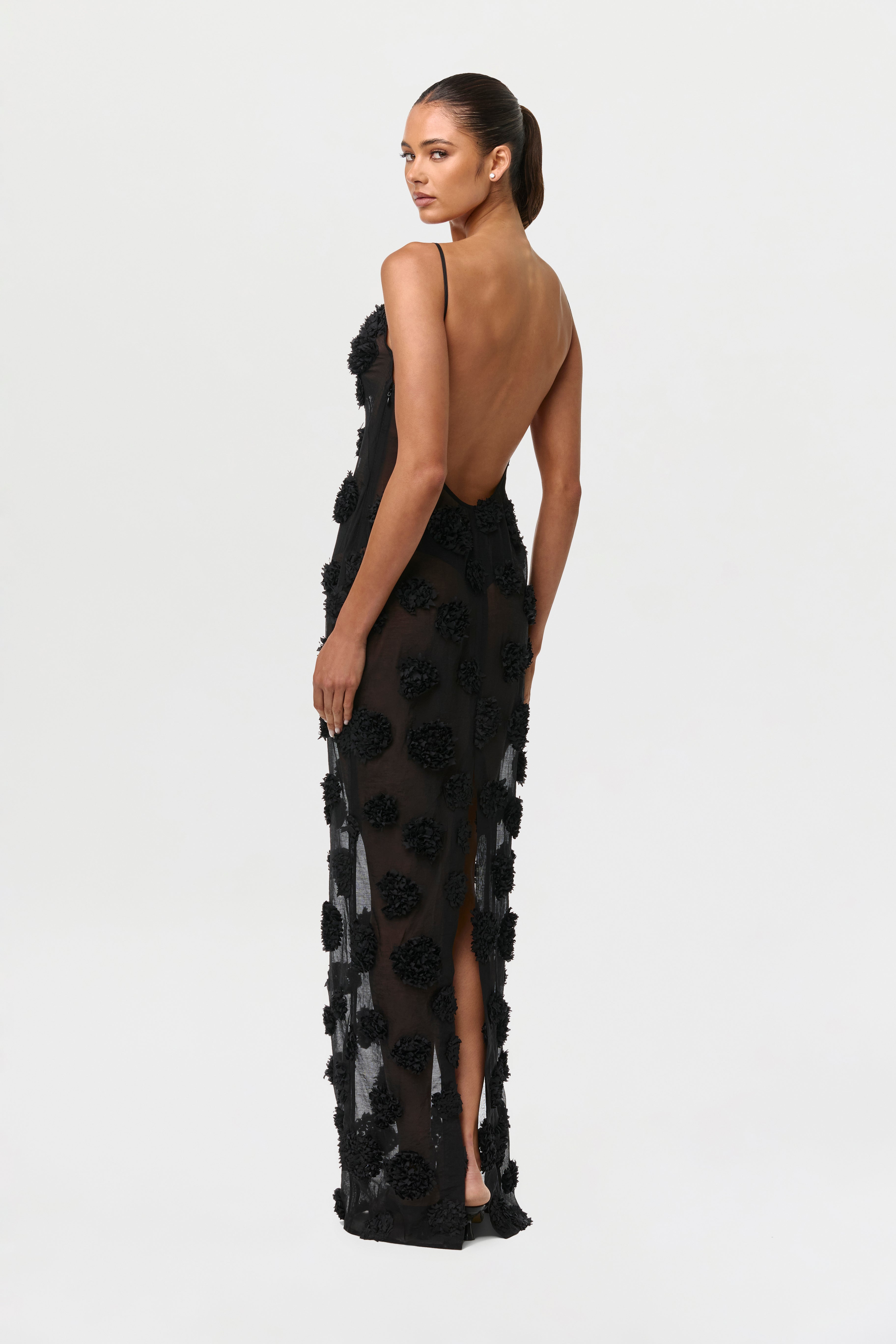 Floral Appliqué Open Back Dress