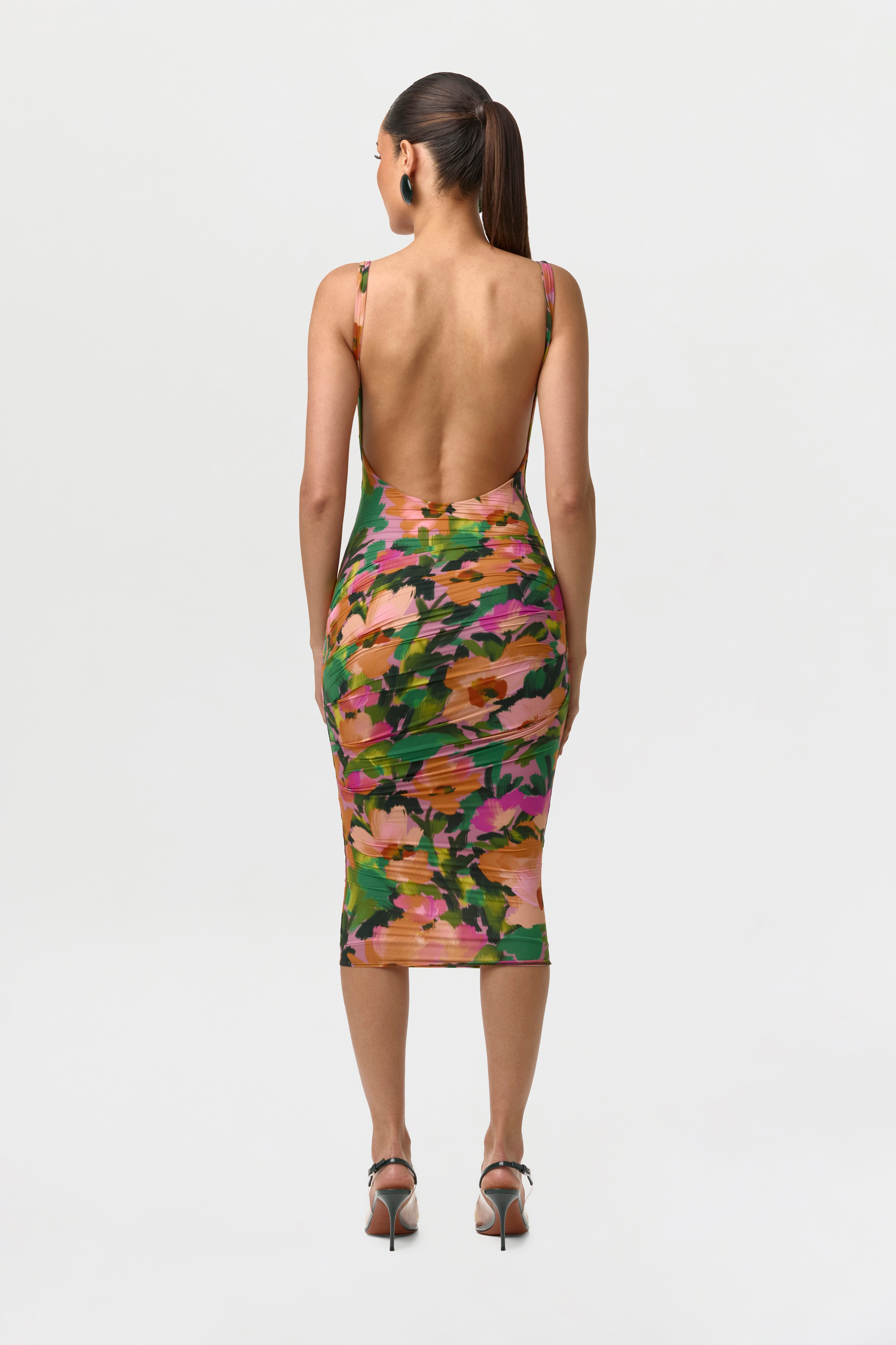 Naked Print Ruched Open Back Dress
