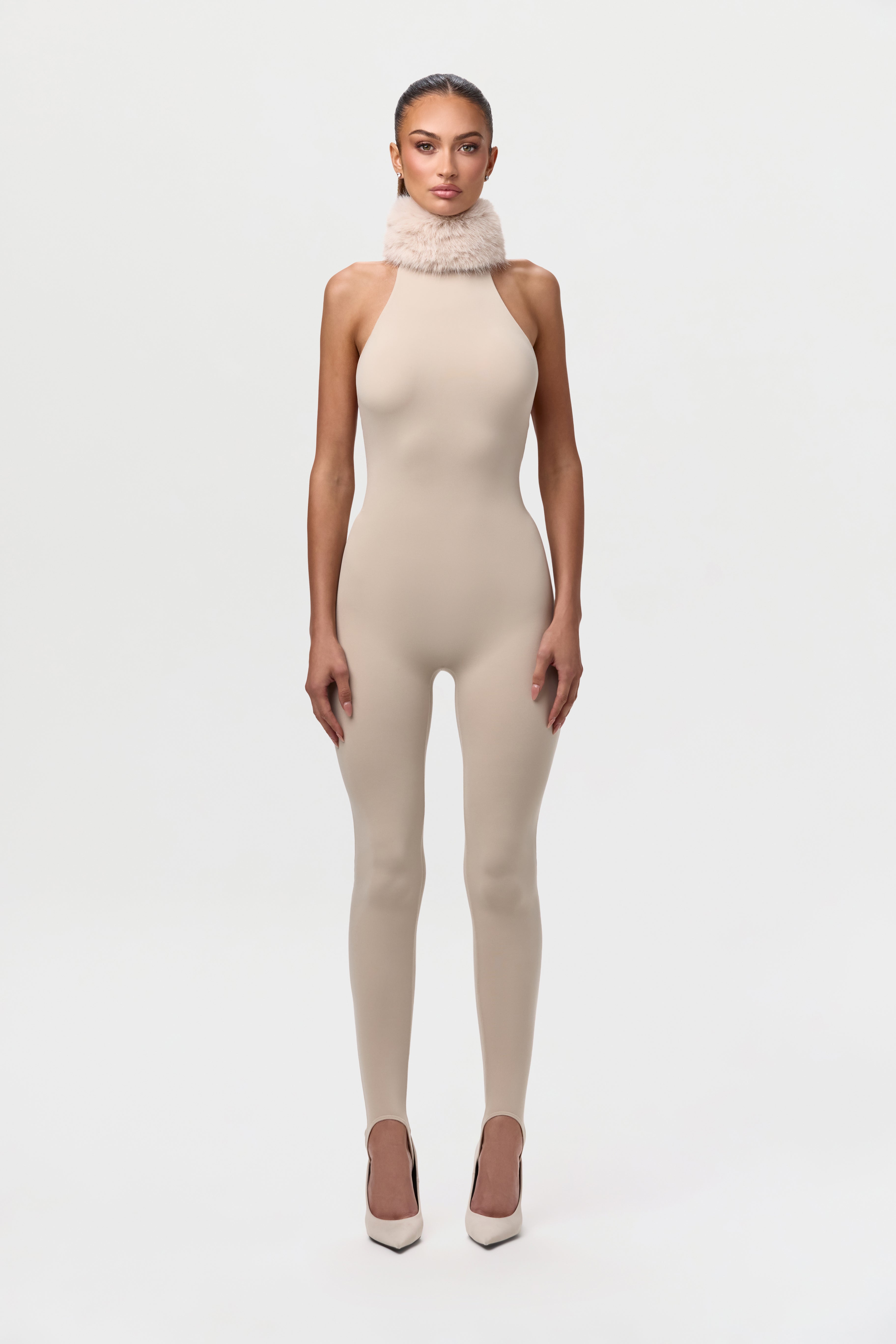 Naked Stirrup Jumpsuit with Fur Collar