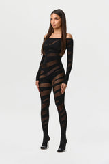 Mesh Fishnet Off-Shoulder Jumpsuit
