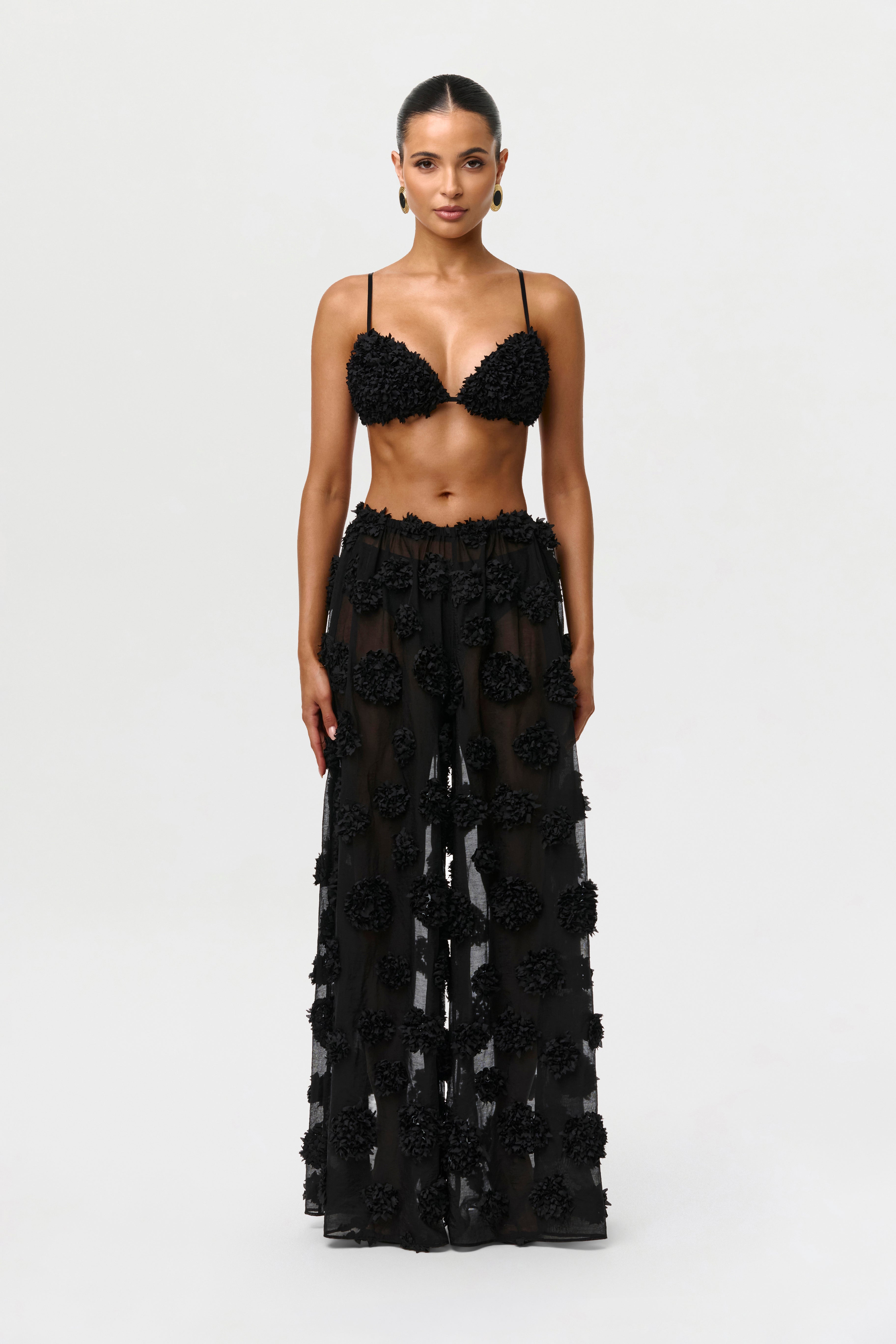 Floral Appliqué Wide Leg Pants