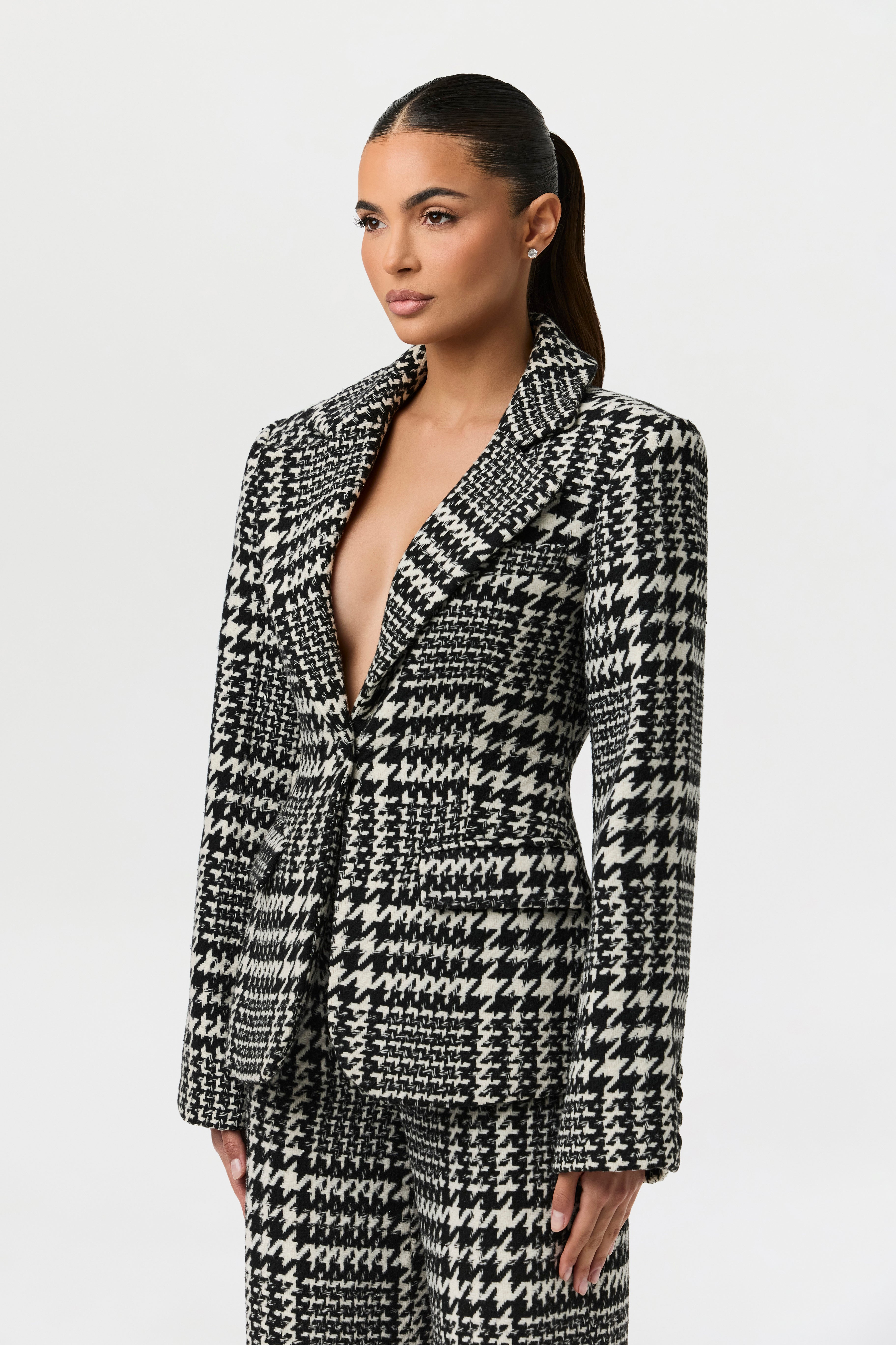 Houndstooth Plaid Wide-Leg Pants