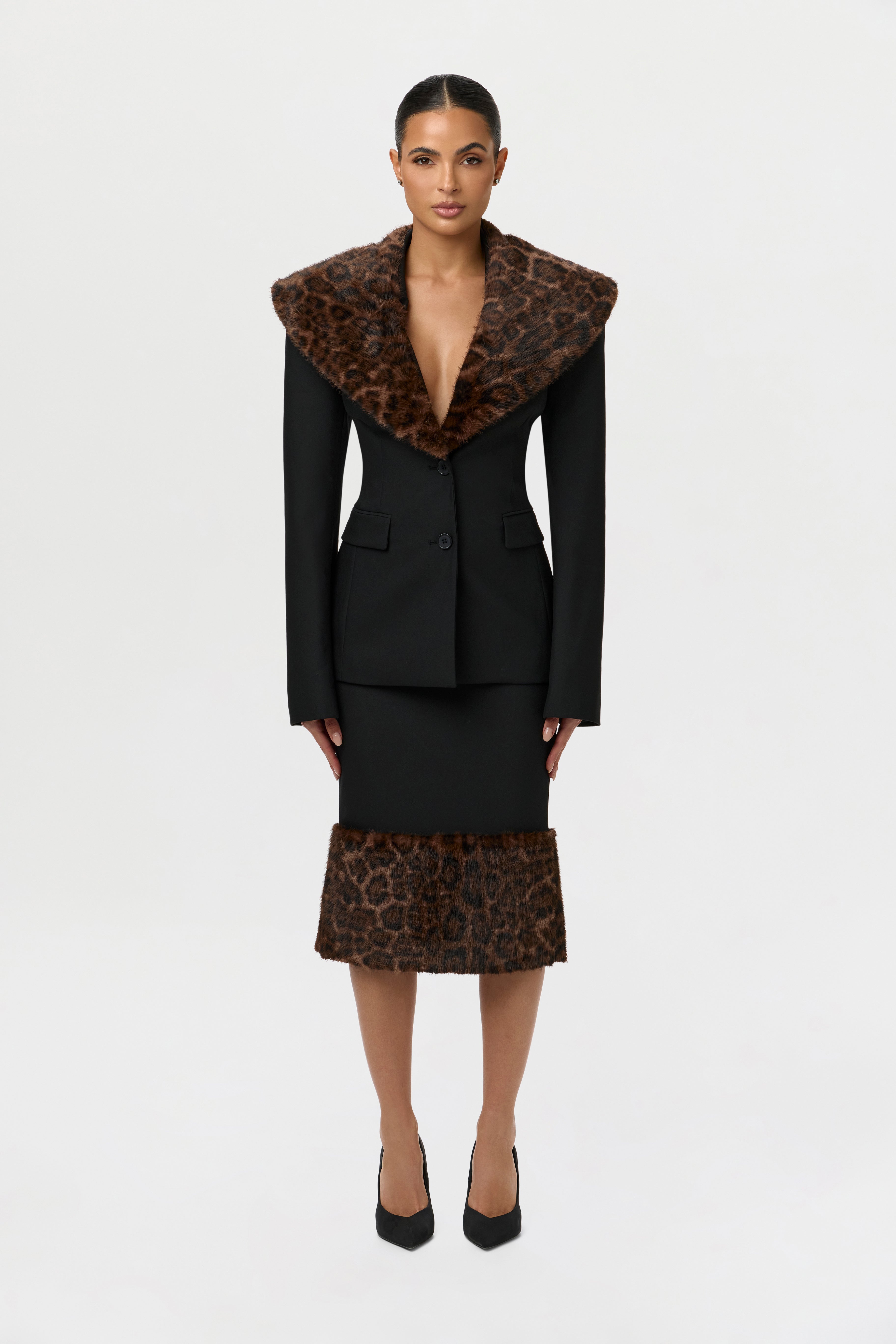 Suiting Faux Fur Leopard Midi Skirt