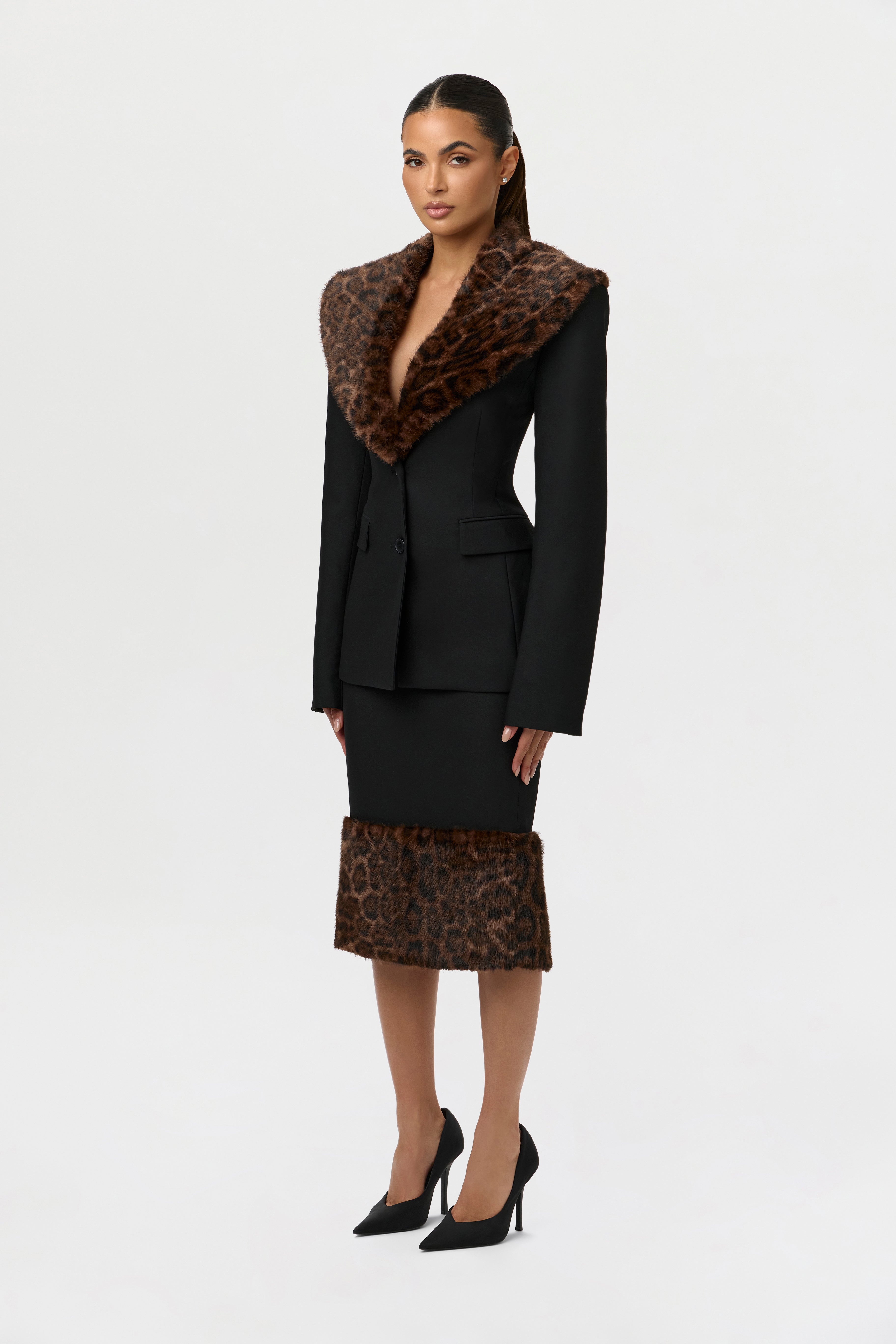 Suiting Faux Fur Leopard Midi Skirt